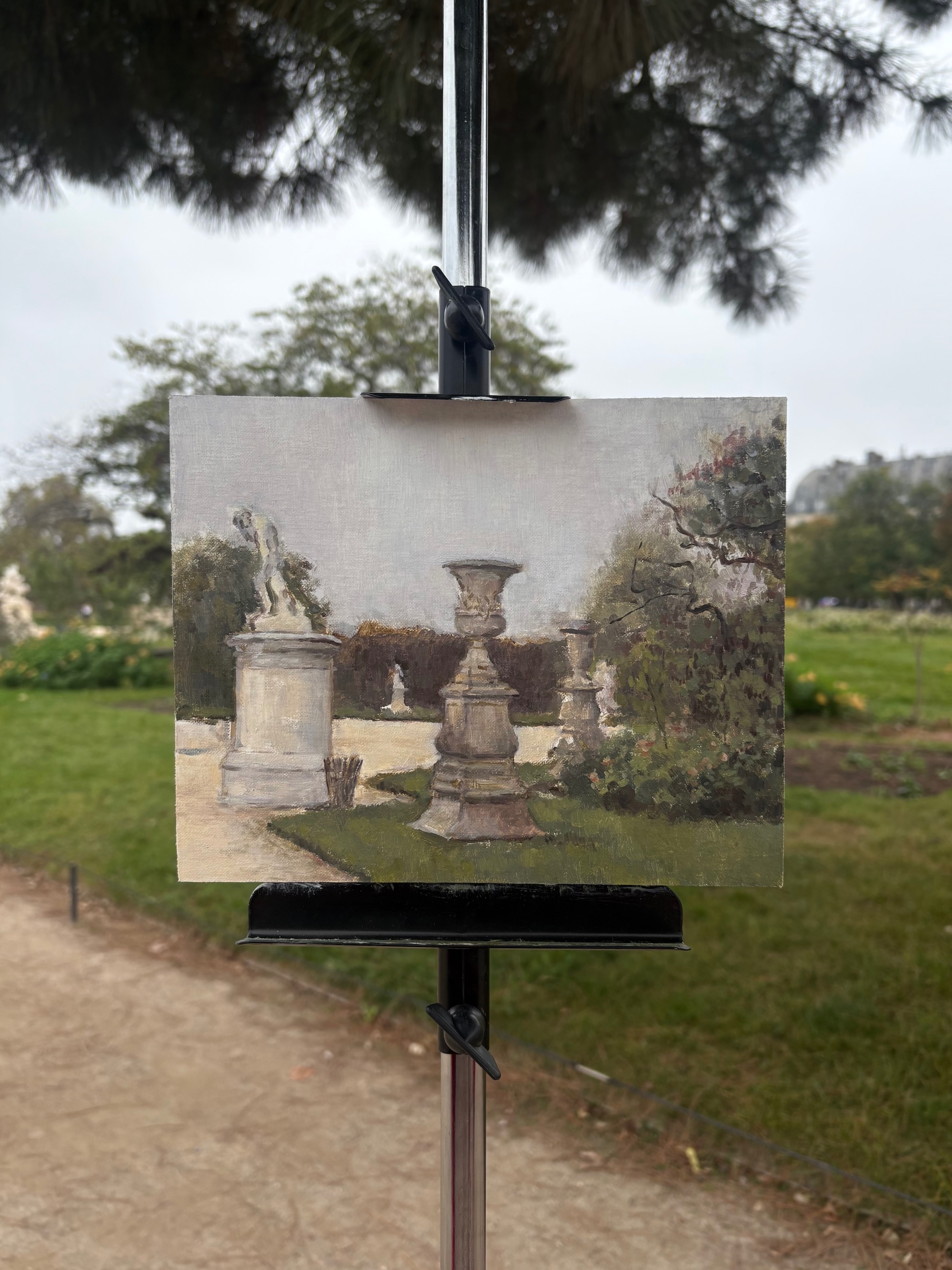 Sculptures at Tuileries Gardens, 
Oil on linen panel